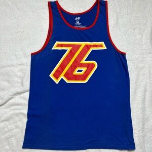 Blue Tank Top with Red Trim and Yellow Graphic